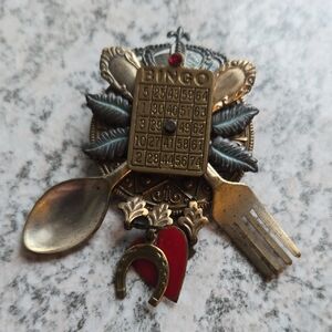 Vintage-Inspired Bingo Brooch with Red and Gold Accents